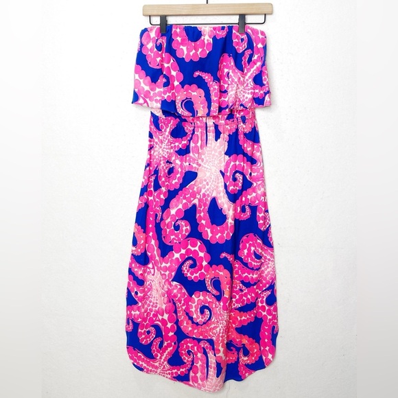 Lilly Pulitzer Meridian Strapless Midi Dress Ikat Blue Mocean Style 29525 Small - Picture 4 of 9